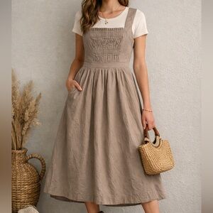 ZARA Taupe Cotton Pinafore Dress Size Medium Cottagecore Prairie Midi